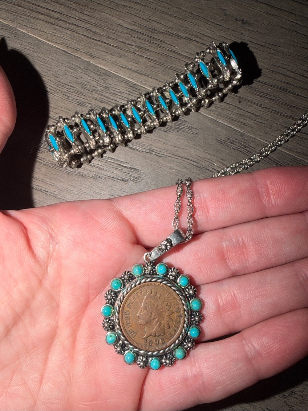 Turquoise Coin Pendant Necklace and Bracelet Set